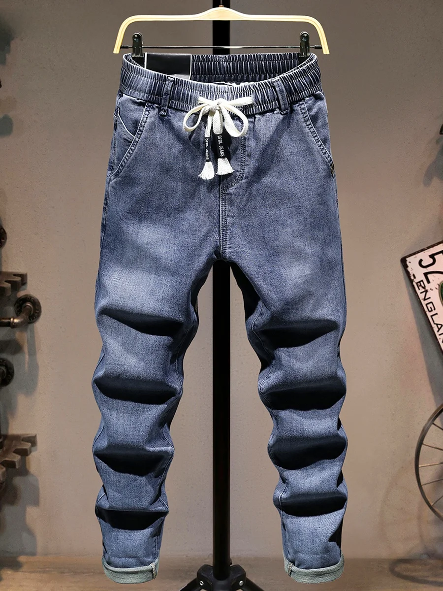 

Summer Thin Elastic Waist Jeans Men's New 2025 Loose Straight Leg Pants Faion Slanted ket Men's Pants Cotton Elastic Denim