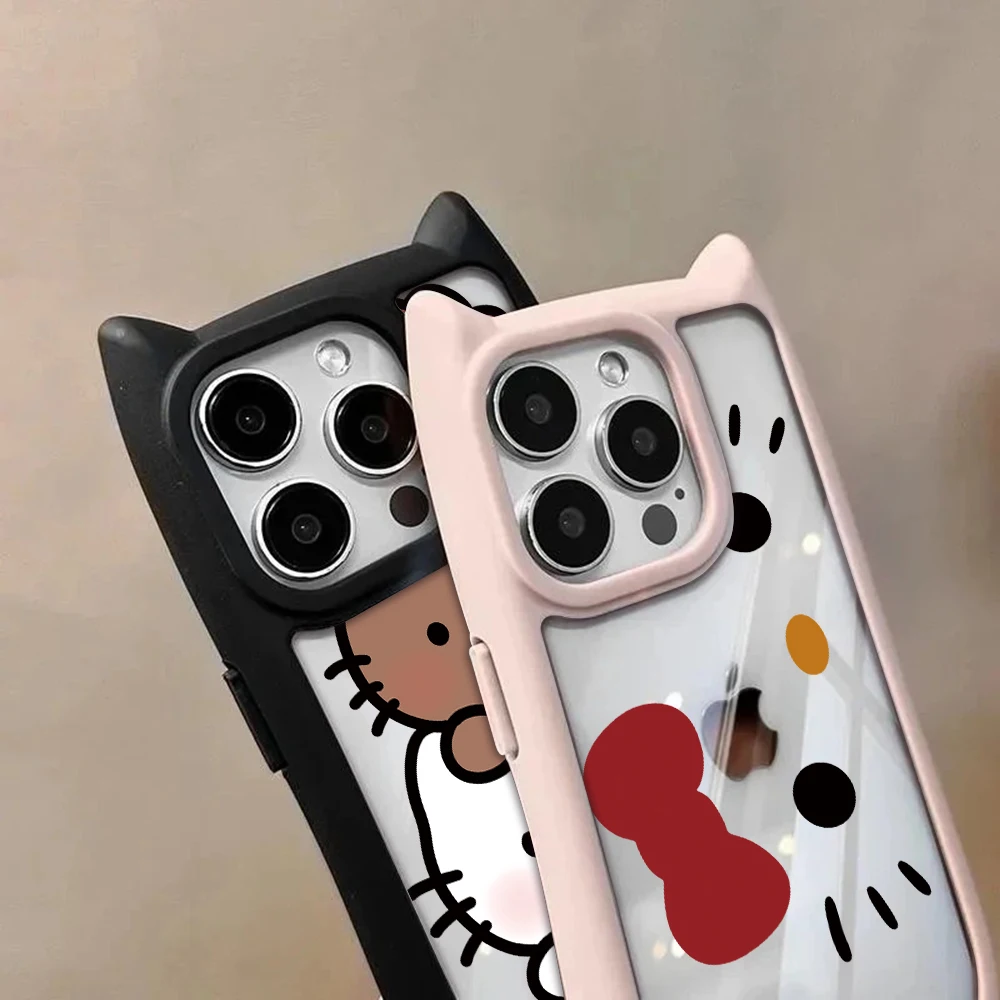 Hello Kitty Cute Cat Ear Phone Case For iPhone 15 14 13 12 11 Pro Max Transparent Shockproof Hard Acrylic Soft Silicone Bumper