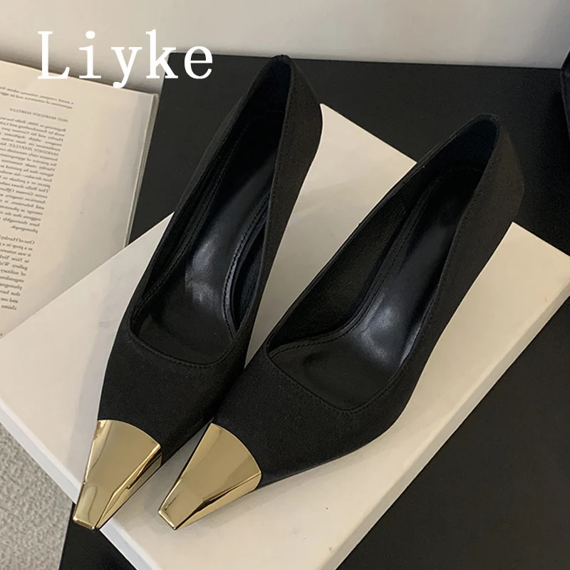 Liyke ฤดูใบไม้ผลิฤดูร้อนรองเท้าส้นสูงสีดําปั๊ม Street เซ็กซี่โลหะ Pointed Toe Slingback รองเท้าผู้หญิงชุด Stiletto Mules Femme