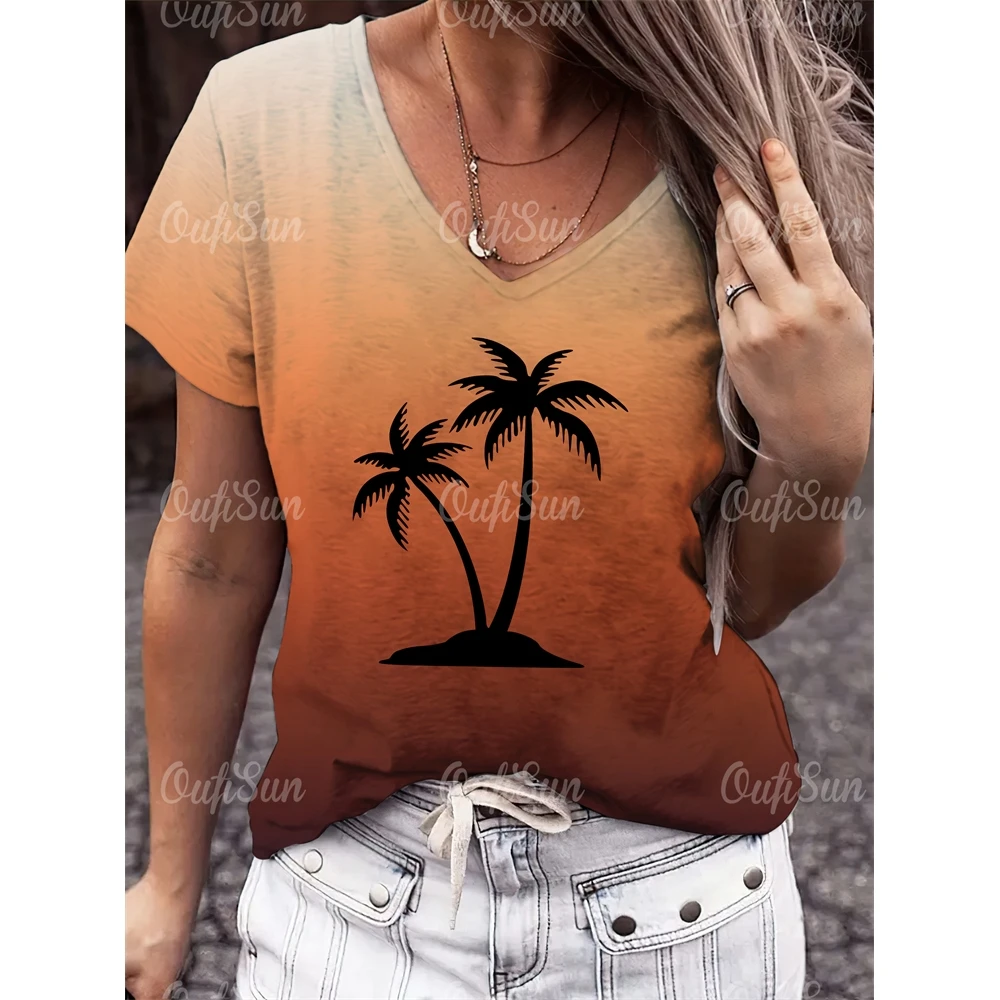 Summer Women's Clothing V-Neck Short Sleeve T-Shirt Hawaii Holiday Casual Top Pullover Simplicity Clothing Oversize Party Tshirt