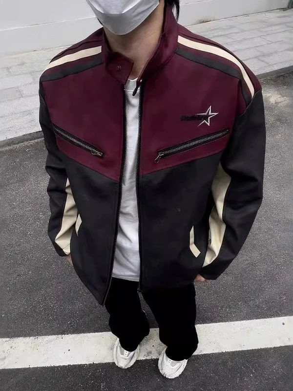 Retro American Collar Splice PU Leather Jacket Unisex Casual Loose Motorcycle Outerwear Color Block Youth Trend Windproof