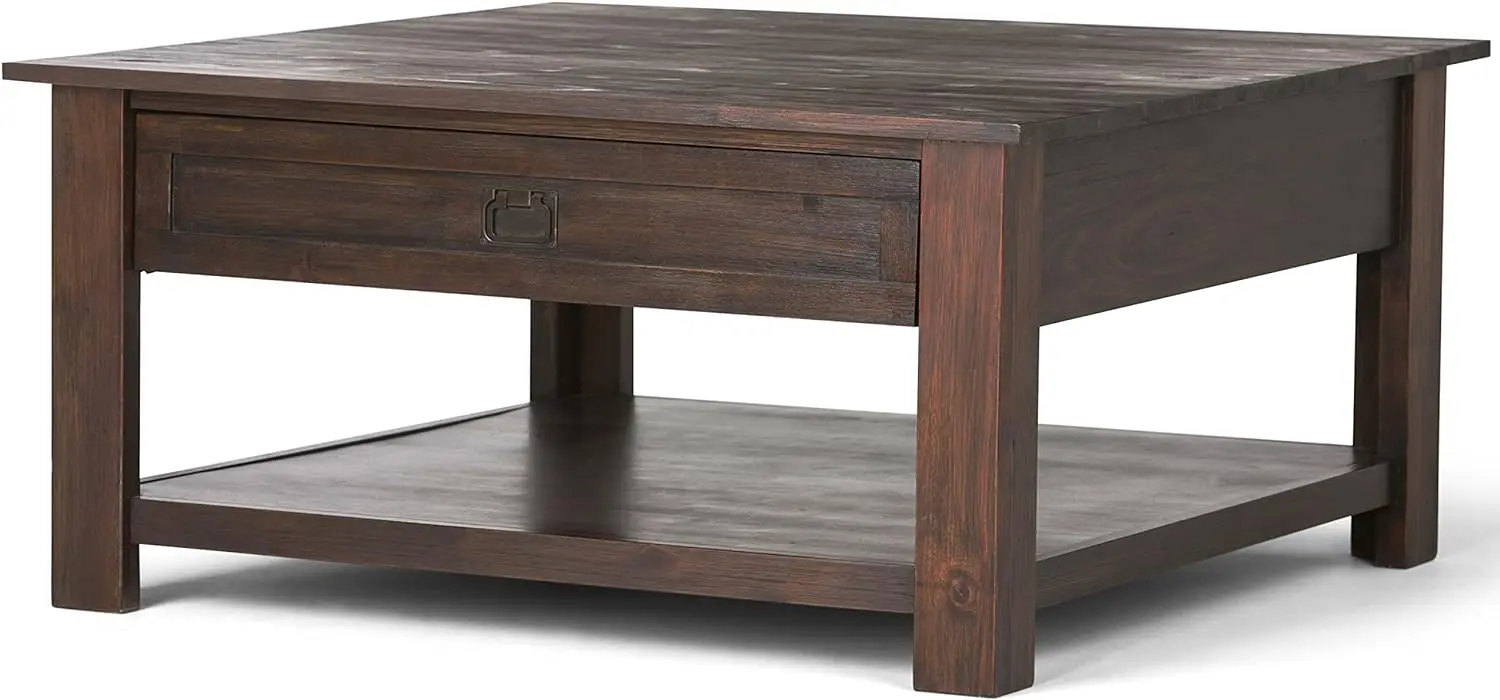 Simplihome Monroe Solid Acacia Wood 38 Inch Wide Square Rustic Coffee Table In Distressed Charcoal Brown, For The Living Room