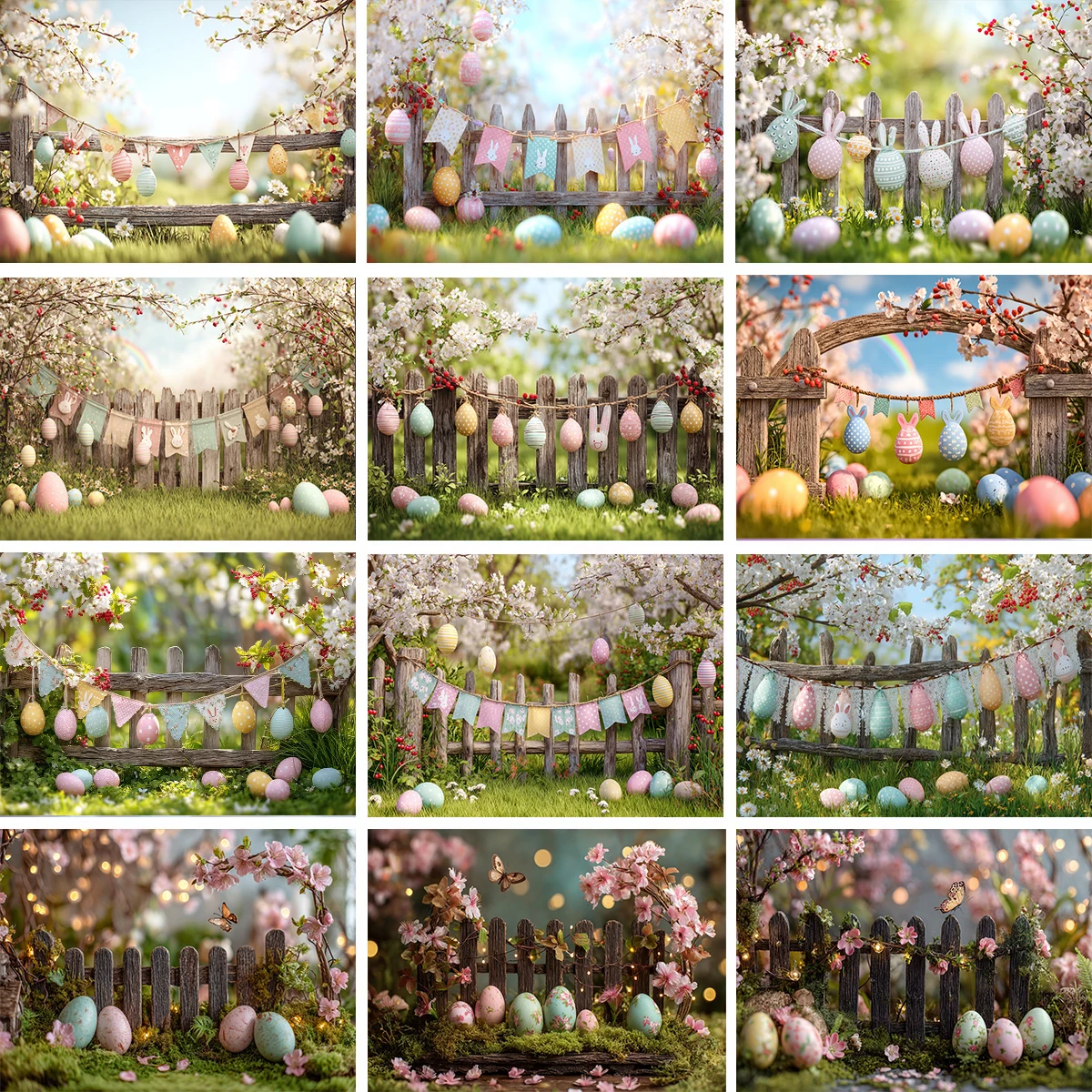 Spring Easter Party Decorations Backdrop Garden Fence Flowers Grassland Rabbit Eggs Newborn Baby Portrait Photography Background