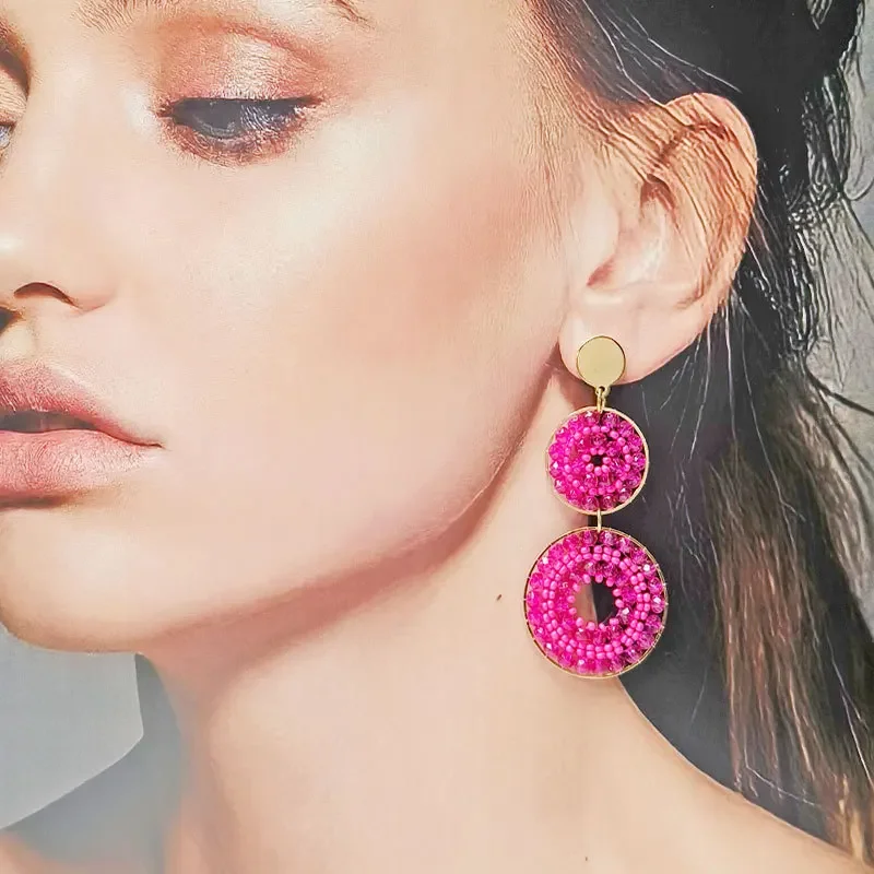 2025 Handmade Bead Earring Roundness Crystal Double-deck Originality Geometry Hand Knitting Bohemia Beaded Earrings For Women