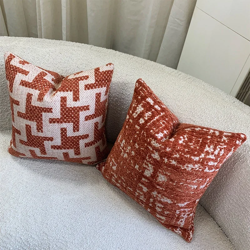 Houndstooth & Geometric Textured Throw Pillow Cover Set - Terracotta & Beige Woven Cushion Cases for Modern Home Decor