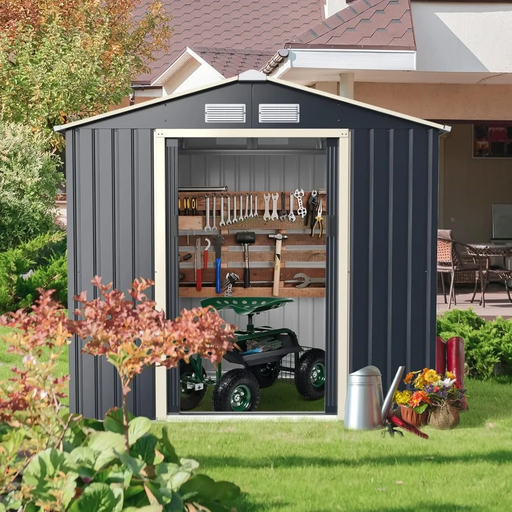 

Outdoor Storage Shed, 7' X 6' Metal Garden Shed with 4 Vents & Double Sliding Door, Utility Tool Shed Storage House for Backyard