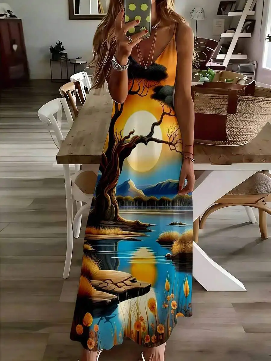 

Sleeveless Maxi Dress With Sunset Tree Lake Mountain Print For Casual Outdoor Wear
