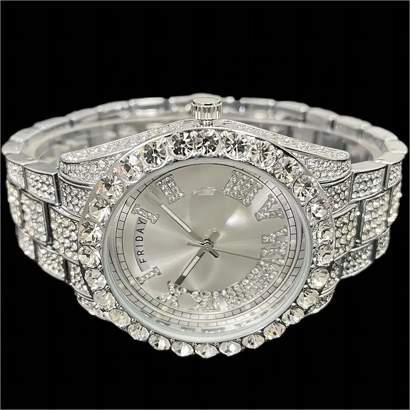 Imagem -03 - Missfox-relógio de Luxo Masculino Hip Hop Gelado Diamante Impermeável Quartzo Relógio de Pulso Auto Day Semana Relógios de Aço Reloj Hombre