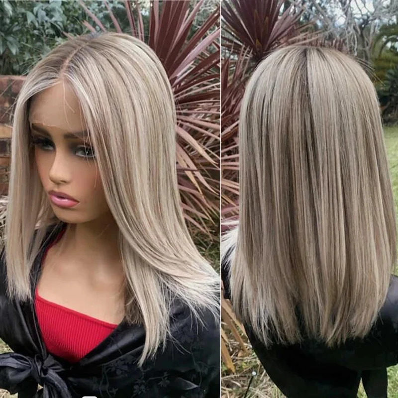 

Прямой боб, омбре, пепельно-русый синтетический парик спереди, натуральный предварительно выщипанный волос, маленькая кепка большого размера для женщин, повседневный косплей