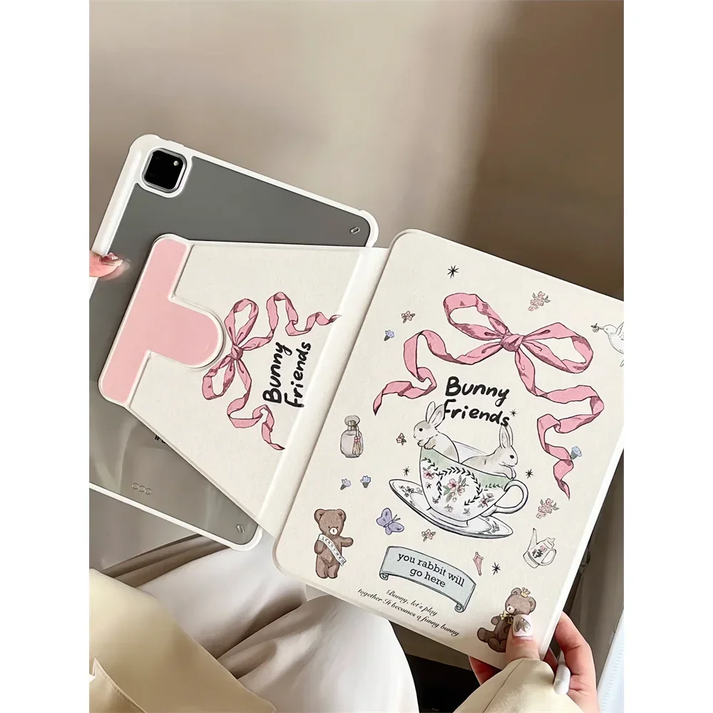 For Ipad Protective Case Tablet 9.7 Inch Air4/5 Fall-proof Pink Bow Bunny Rotatable Stand New Protective Case with Pen Slot