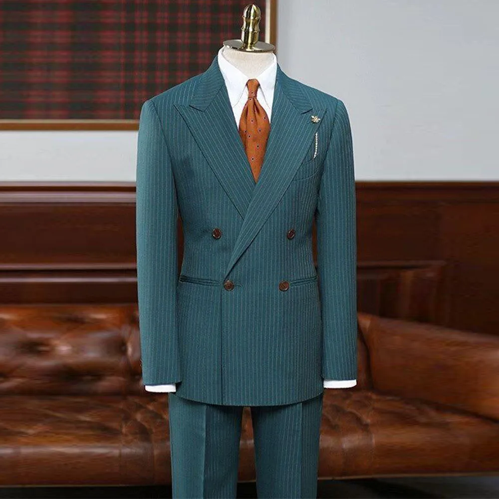 

Green Stripe Men Suits High Quality 2 Pieces Jacket Pant Peak Lapel Male Clothing Double Breasted Stylish 2025 Popular Classic