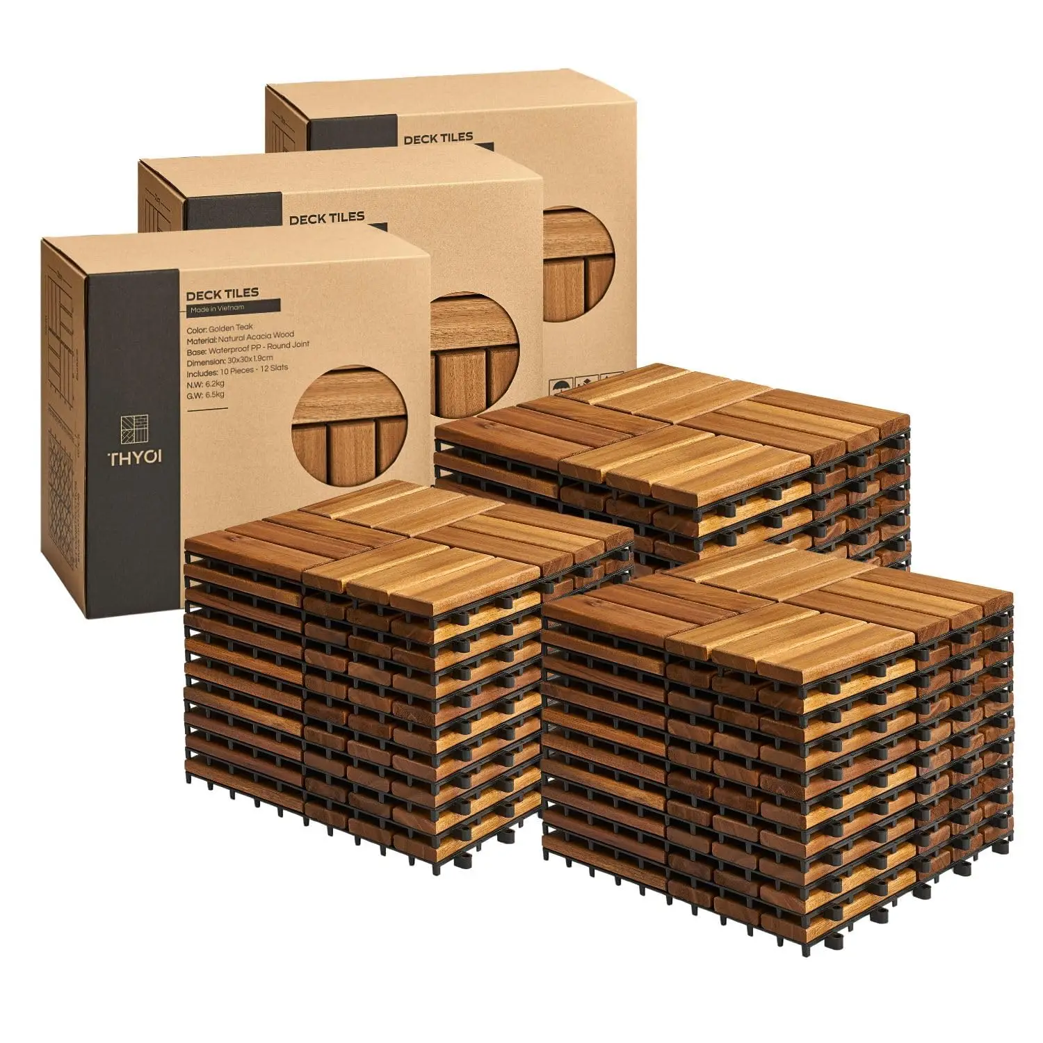 Premium Deck Tiles, Patio Flooring - Round Joint (30, Golden Teak)