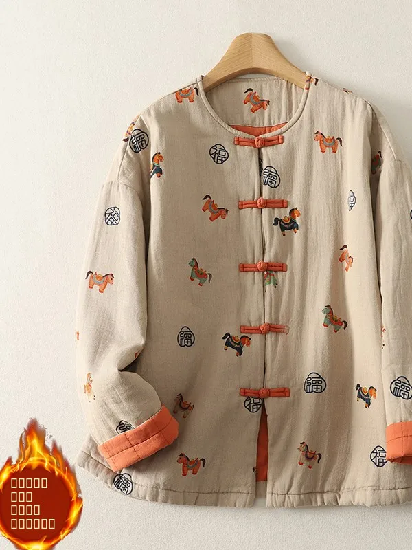 Cappotto invernale in cotone vintage retrò, vestibilità ampia, comodo, casual, con stampa nazionale, design con bottoni e dettaglio