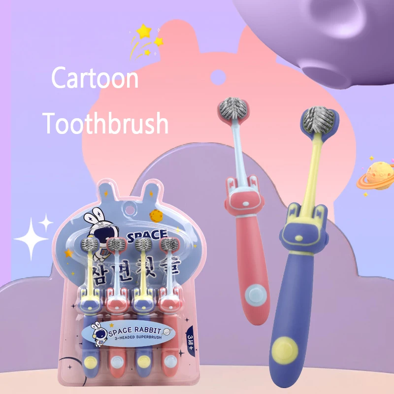 4 PCS Children's Three Sided Toothbrush With Soft Bristles Cartoon Interstellar Rabbit Toothbrush Set Deeply Care for Kids Teeth