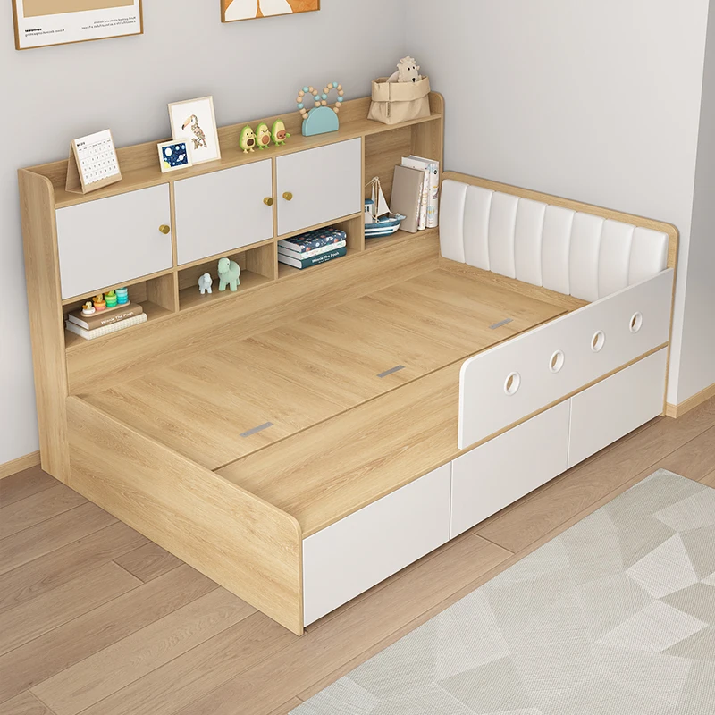 

Small apartment tatami bed, solid wood single bed, desk integration, children's bed cabinet combination multi-functional storage