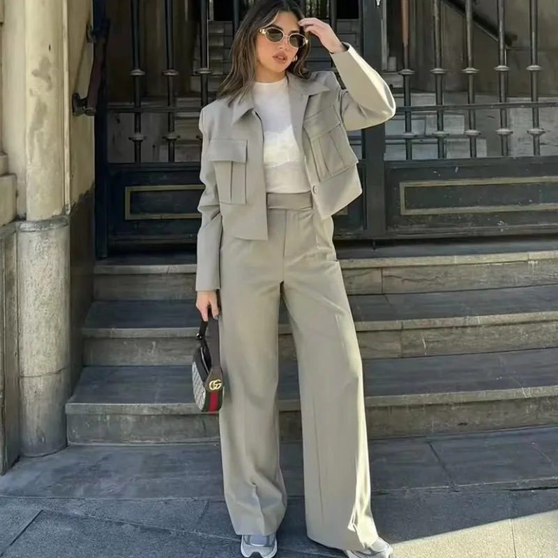 2024 Spring Summer Casual Women Solid Suits Fashion Streetwear Pockets Turn-down Collar Short Jackets+Chic Wide leg pants