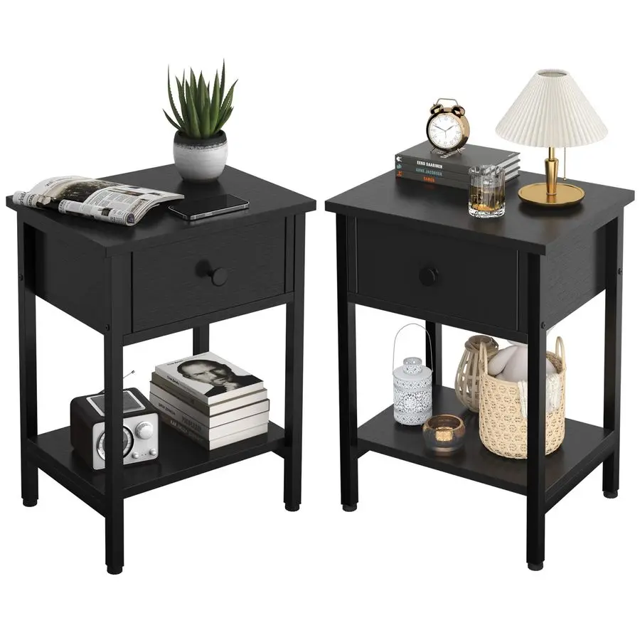

Set of 2 with Drawers, Bedside Table Set of 2 with Storage Shelf, Heavy Duty End Side Table for Living Room Bedroom Small Space