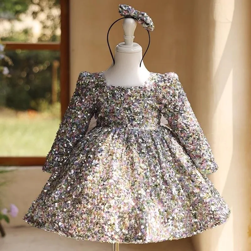 High-End Children's Sequins Evening Gown Catwalk Host Piano Performa Wedding Birthday Baptism Party Girls Dresses A4262 Vestidos