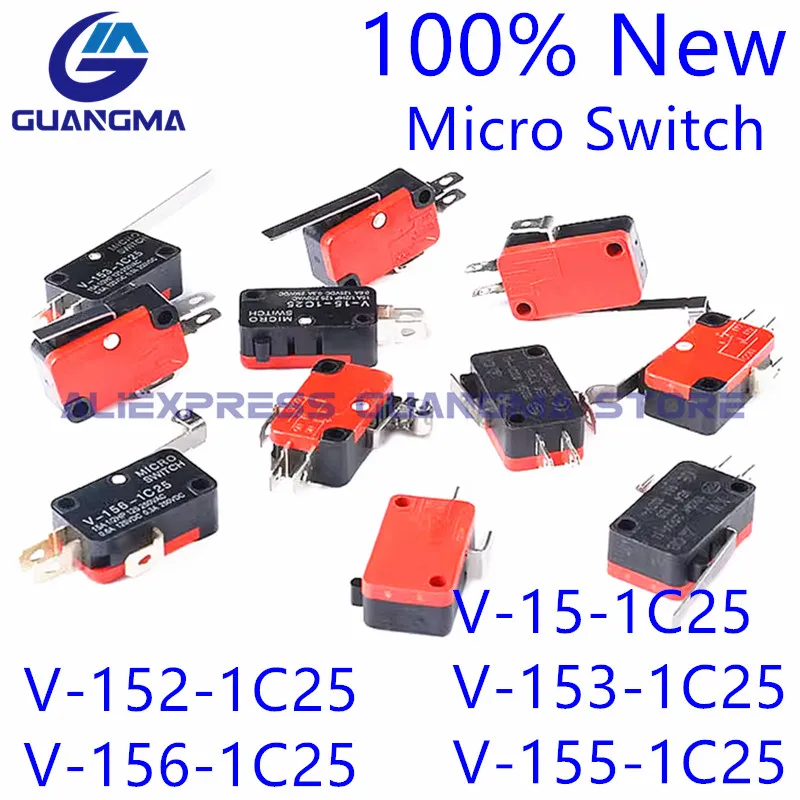 10ชิ้นสวิตช์ไมโครจำกัดท่องเที่ยวใหม่ V-152-1C25 V-156-1C25 V-15-1C25 V-153-1C25 V 155 1C25 16A 3Pin SPDT 250VAC