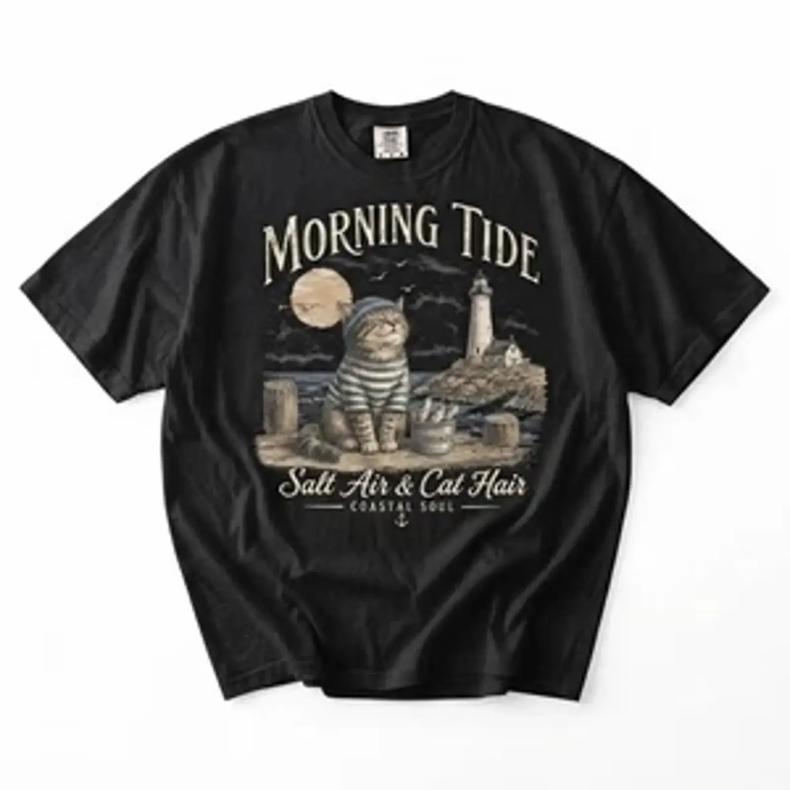 Morning Tide Sailor Cat Black T Shirt Coastal Ocean Lover For Friends vintage Washed Top For Everyday Wear fashion Casual