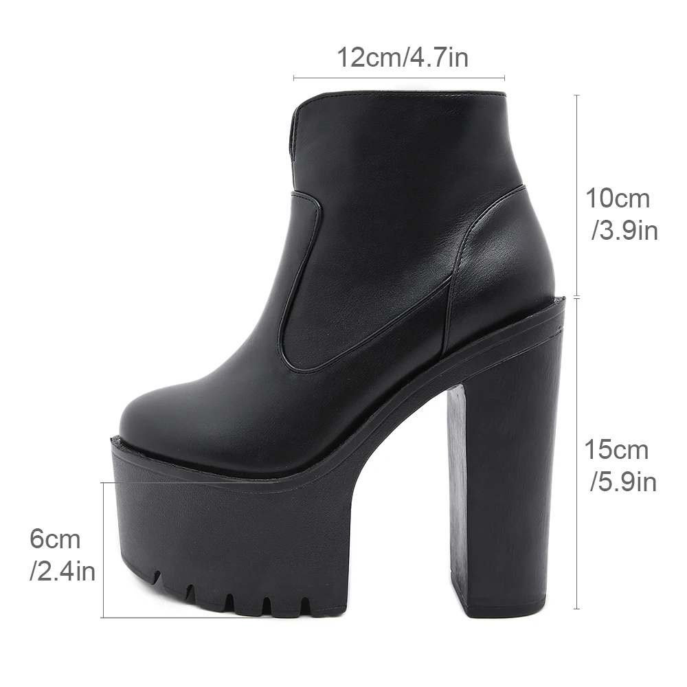 Gdgydh Women\'s Solid Color Block Heeled Boots Fashion Side Zipper Platform Short Boots Comfortable Faux Leather High Heels Pumps