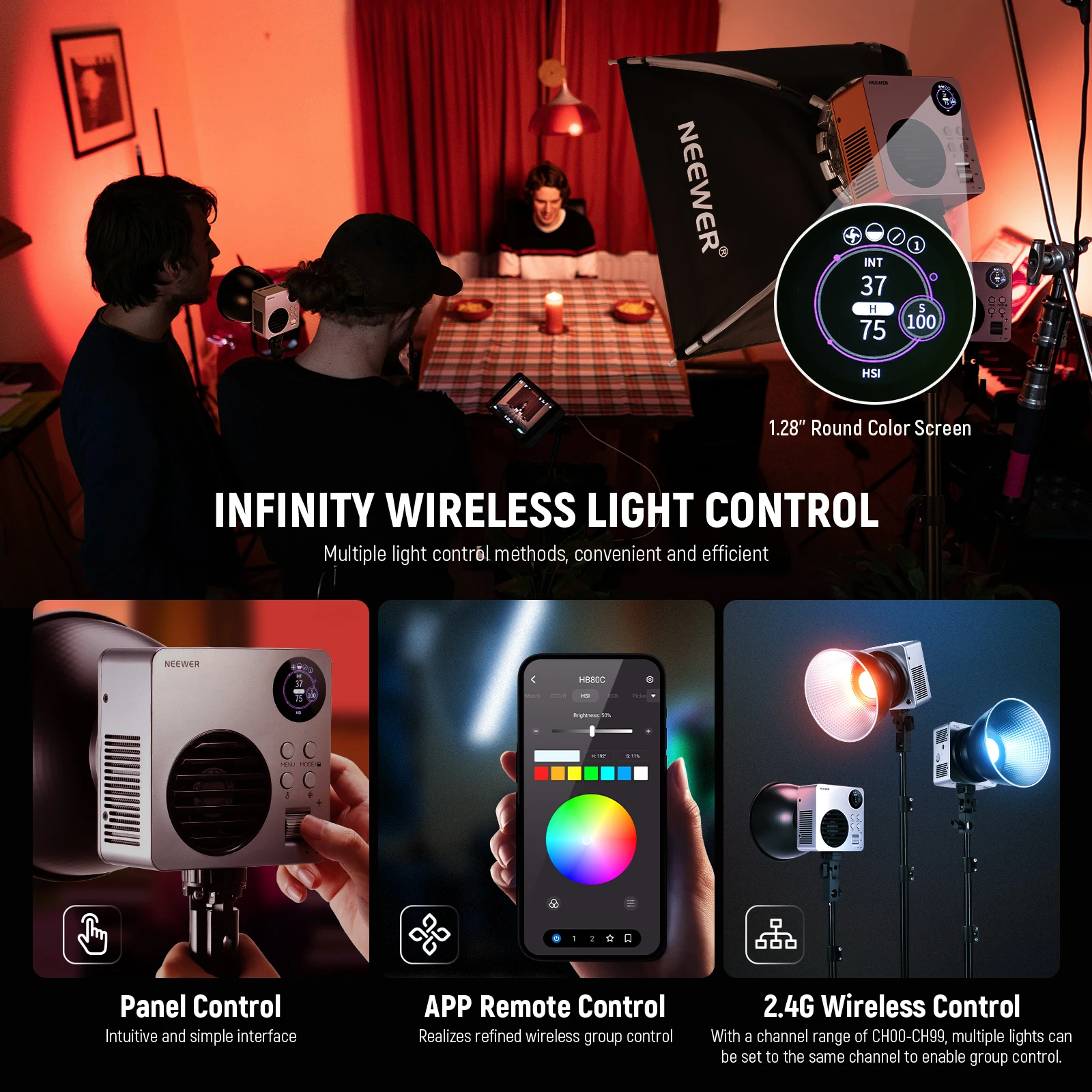 NEEWER HB80C 80W RGB COB RGBWW LED Video Light with Built-in 72Wh Battery & 100W PD Fast Charging Continuous Output Lighting