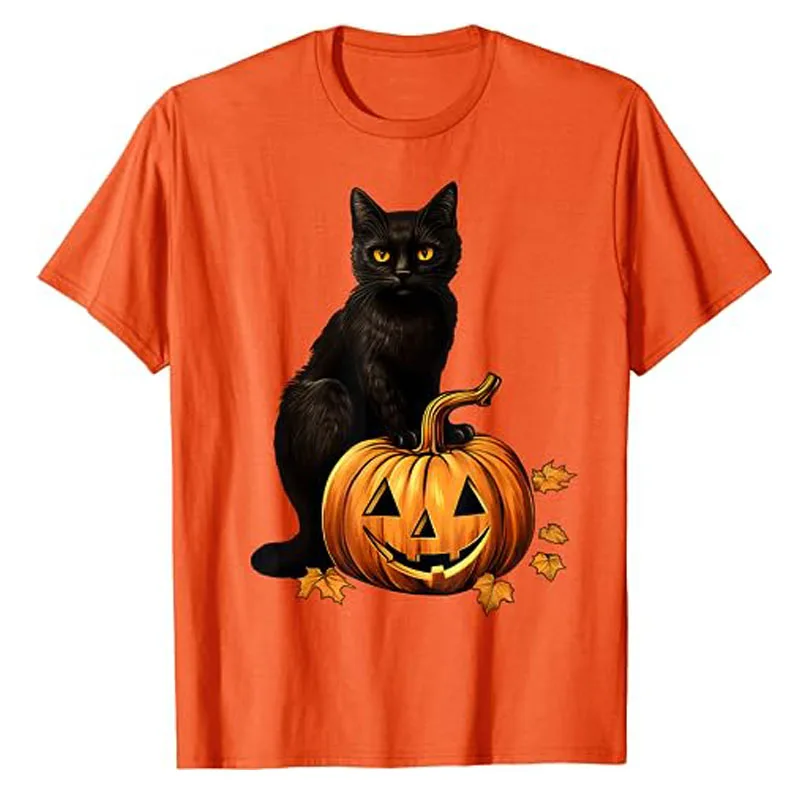 Retro Black Cat Halloween Pumpkin Costume for Women Men Kids T-Shirt Gift Funny Kitty Lover Graphic Tee Top Short Sleeve Blouses