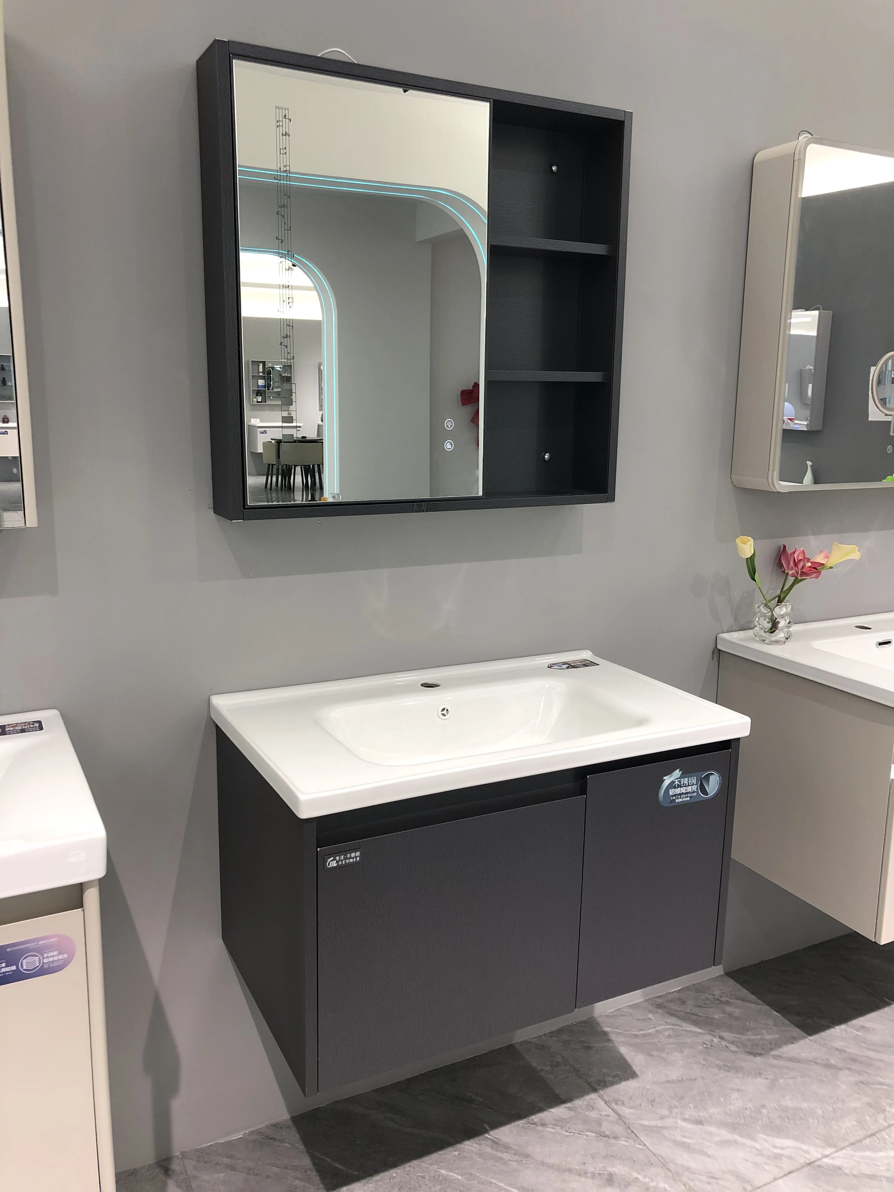WJL High-End Moisture-Proof Wall-Mounted Ceramic Washbasin Defogging LED Mirror Vanity Cabinet Stainless Steel Bathroom Cabinet