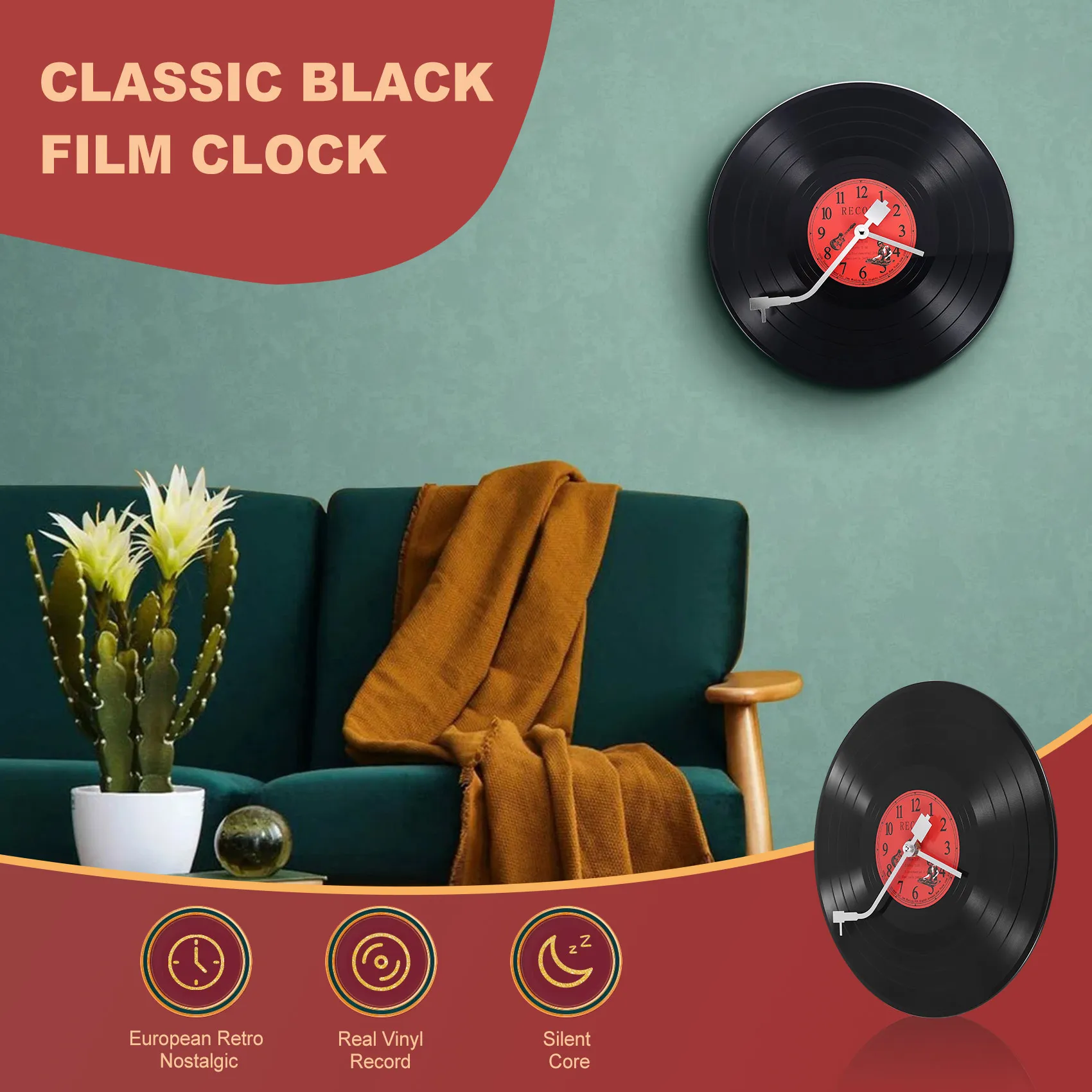 European Retro Nostalgic Ultra-Quiet Clock Vinyl Record Personality Wall Clock Cafe Bar Decorative Wall Clock