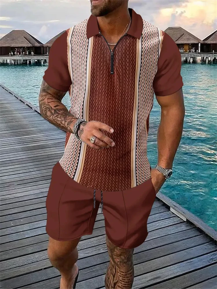 Summer Fashion Men's Brown Printed Polo Shirt And Shorts 2 Piece Zipper Sweatshirt Set Oversized Vacation T-Shirt Suit Clothing