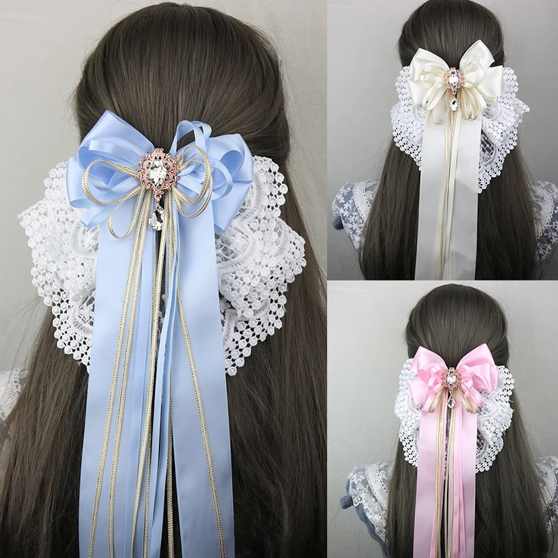 New Sweet Large Bowknot Embroidered With Lace Hair Clip Lolita Long Ribbon Hairpin Ponytail Hair Bands Hair Accessories