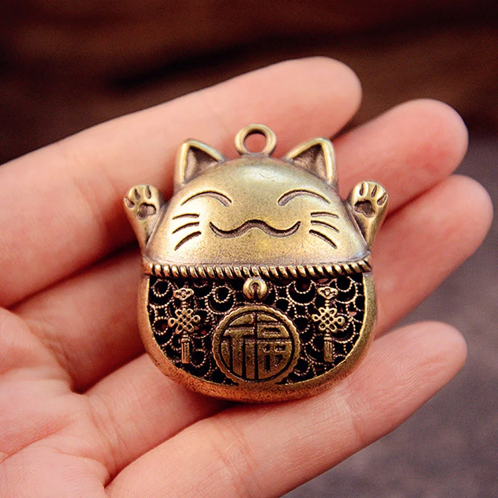 Glücksbringer Katzen-Schlüsselanhänger aus Messing, Feng Shui Zhaocai Reichtumsbringer, DIY Retro Hängeornamente – Detail 1