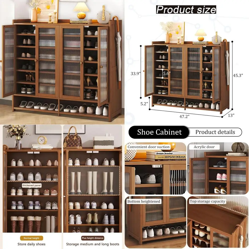 خزانة تخزين أحذية كبيرة من الخيزران مكونة من 8 طبقات مع أبواب، ومنظم رف قائم بذاته لـ 36-40 زوجًا، وخزانة أحذية موفرة للمساحة