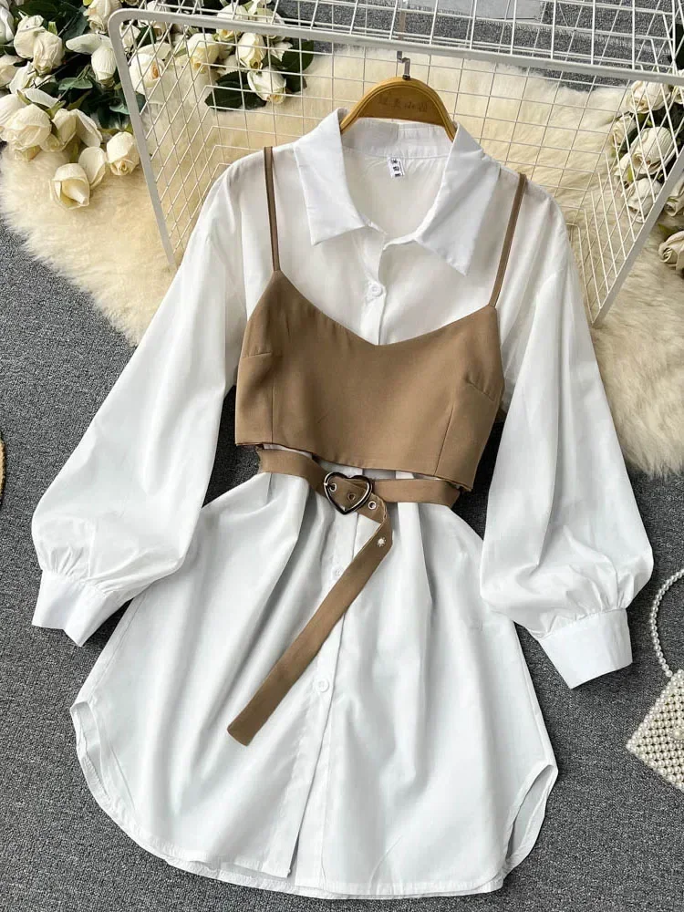 Women Spring Sautumn Dresses Temperament and High-end Small Camisole Two-piece Set Collar Long-sleeved White Vestidos D1692