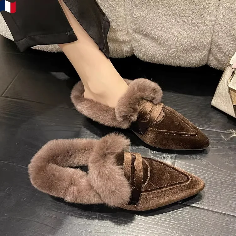 

FAD Z Pointed Toe Furry Slippers Women's Autumn Winter New Sle Slip-On Bean Bean Warm Cotton oes Casual Sle