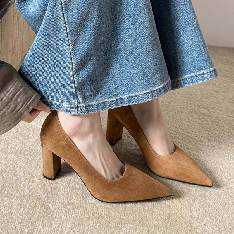 

Женские туфли-лодочки на устойчивом каблуке, винтажные, в французском стиле, из овечьей замши, на каждый день, весна-осень