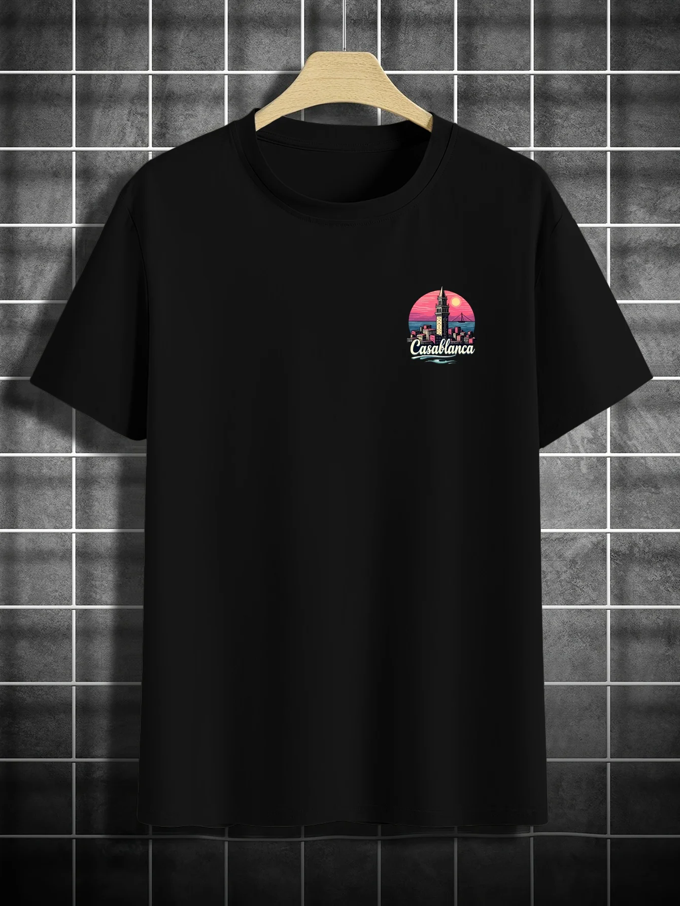 تي شيرت رجالي مطبوع عليه مدينة ريترو المغرب - تي شيرت صيفي كاجوال مع قمر هلال وتصميم المناظر الطبيعية الحضرية بأكمام قصيرة #6