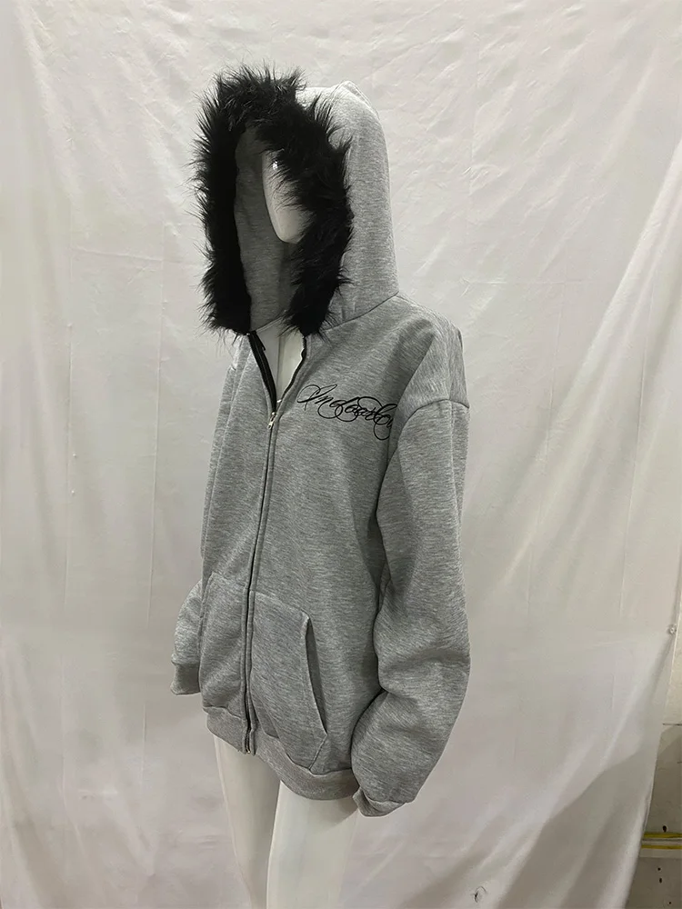 Zimowa ciepła bluza z kapturem, podszyta sztucznym futrem, damska, modna, z nadrukiem, zapinana na zamek, damska, codzienna, oversize, streetwearowa, wygodna bluza z kapturem, 2026