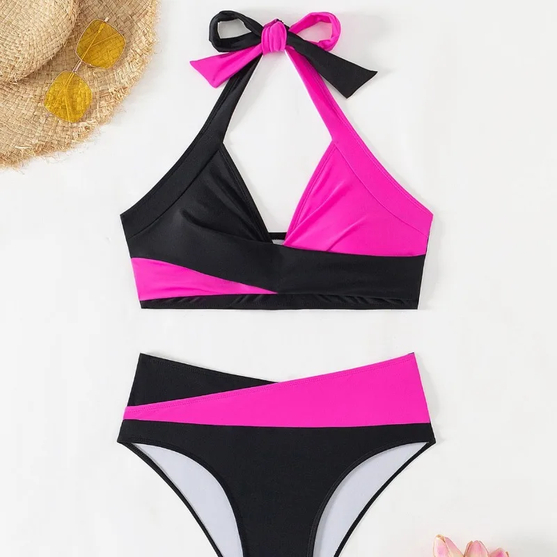 Costume da bagno diviso a vita alta con collo appeso a blocchi di colore bikini europeo e americano da donna, set da 2 pezzi