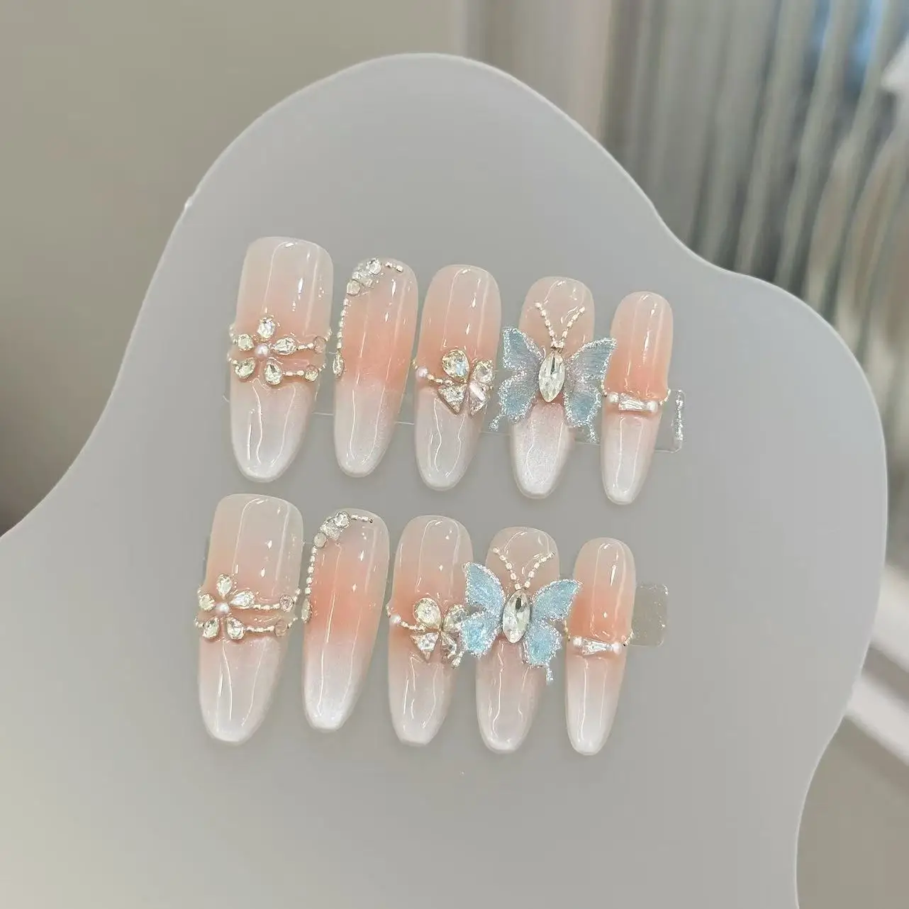

10PCS Long Oval Handmade Press On Nails,Stereoscopic Butterfly Temperament Cat Eye,Suitable For Festivals Parties And Daily Wear