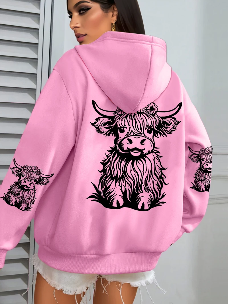 Niedliche Kuh-Haarmotiv-Kapuzenpullover mit Cartoon-Druck für Damen, Fleece-Herbst-Streetwear, bequemer lässiger Hoodie, Y2K-Taschen-Kapuzenpullover, vielseitig kombinierbar – Detail 5