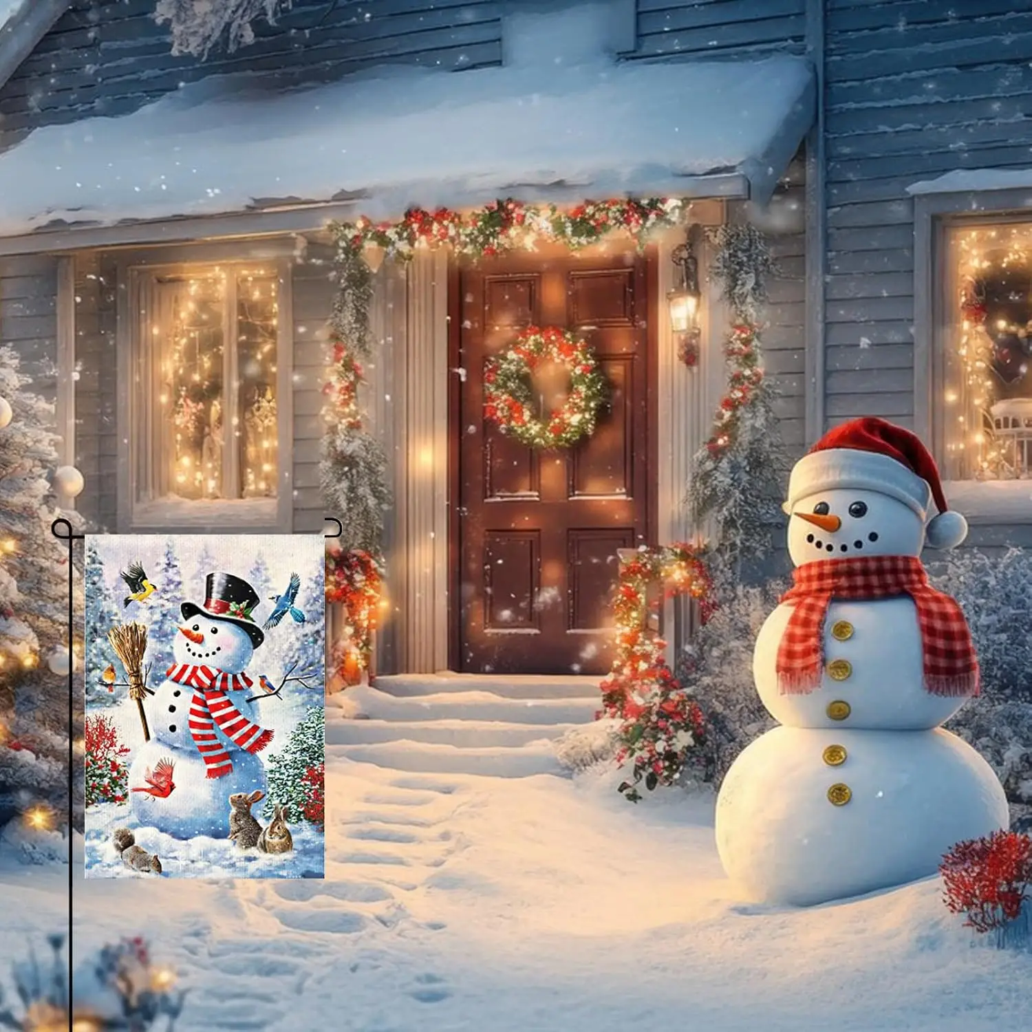 Winter Snowman Garden Flag 12x18 Vertical Double Sided Christmas Cardinal Bird rabbit Berry Holiday Winter Yard Flag