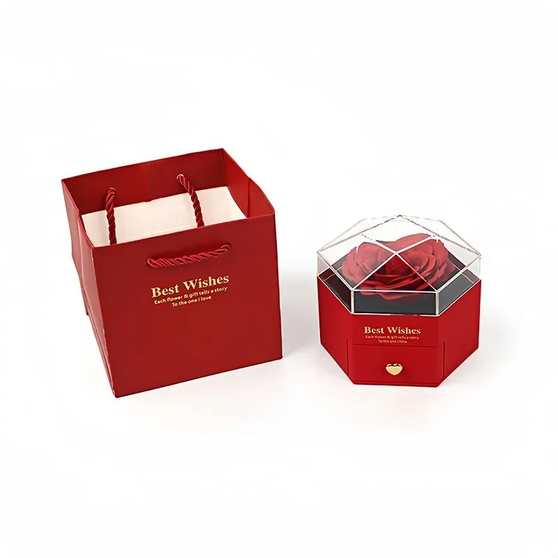 回転するハグベアローズジュエリーボックス、造花付き、永遠の花のギフトボックス、バレンタインデー用、ネックレスジュエリーギフト、F