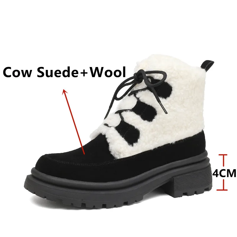 FEDONAS 2025 Winter Warm Women Ankle Boots Wool Decoration Snow Boots Cow Suede Leather Thick Heels Lace-Up Casual Shoes Woman