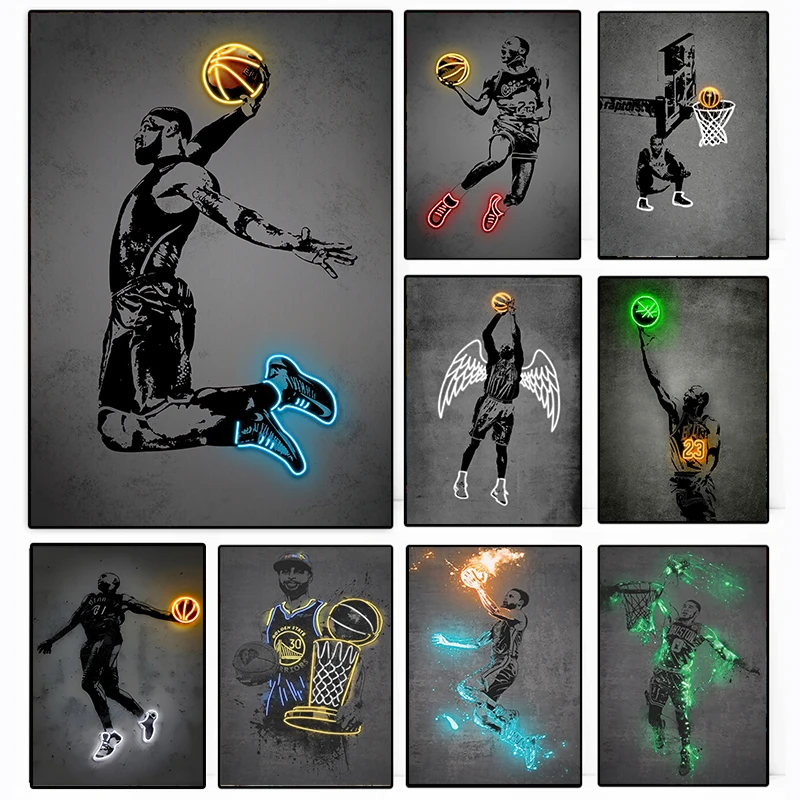 Glowing Poster Basketball Player Painting Canvas Art Neon Style Abstract Pop Wall Art Pictures Prints For Bar Home Decor