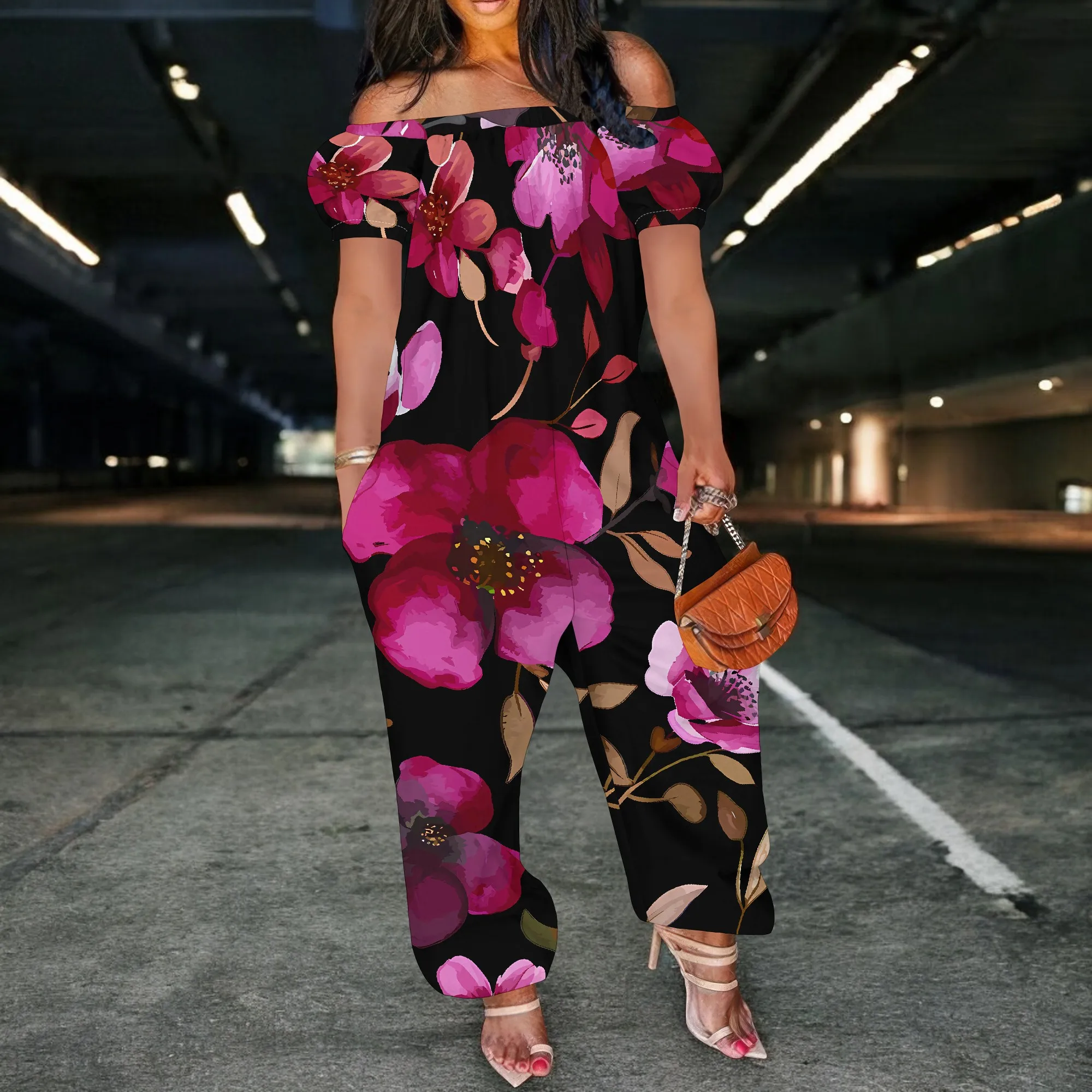 Women Casual Off The Shoulder Short-Sleeved Baggy Jumpsuits Casual Loose Wide Leg Romper with Pocket Floral