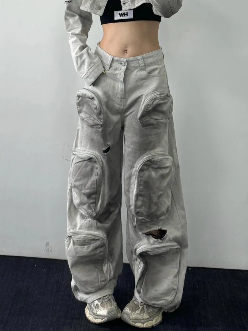 Y2K New Fashion Multi-pocket Old Washed Dirty Grey Hole Tooling Jeans Women High Street Popular Baggy Straight Trousers Tide