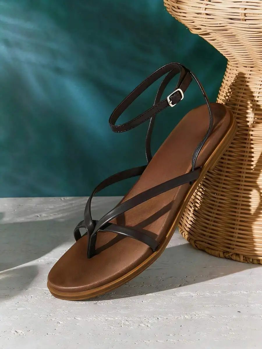 Sandalias Planas de Mujer con Punta Redonda, Plantilla Ancha Acolchada, Tira en el Tobillo, Cuero Vegano Color Taupe