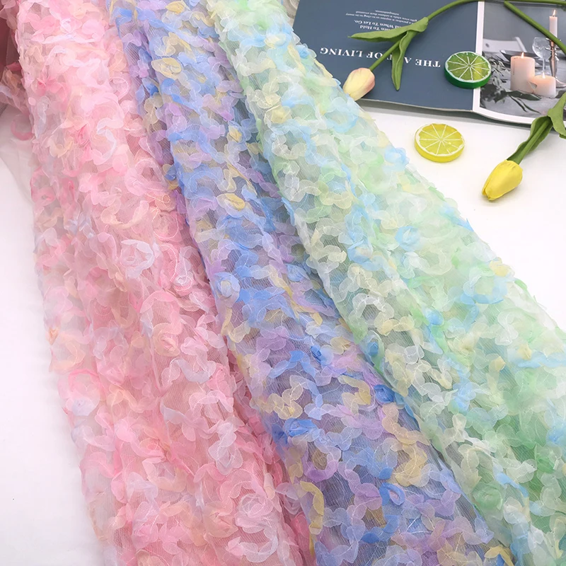

1 Yards Gradient Chiffon Rose Crochet Lace Fabric Rainbow 3D Flower Embroidery Tulle Fabric For DIY Sewing Dress Costume