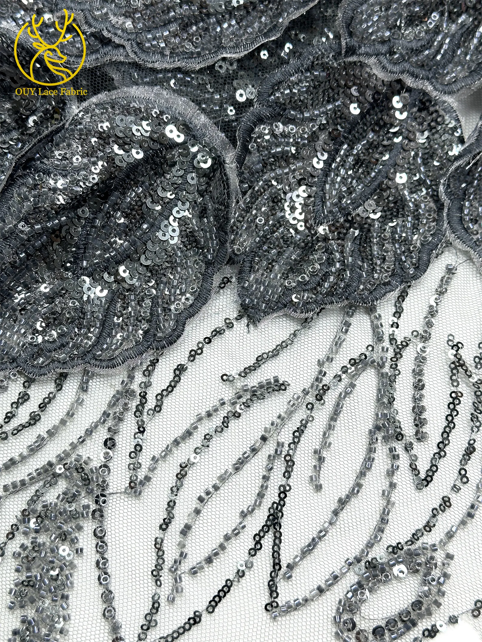 Nigerianischer 3D-Stickerei-Blatt-Spitzenstoff 5 Yards Afrikanische DIY-Stickerei Perlen-Pailletten-Spitze Tüll-Netzspitze Damen-Abendkleid – Detail 30